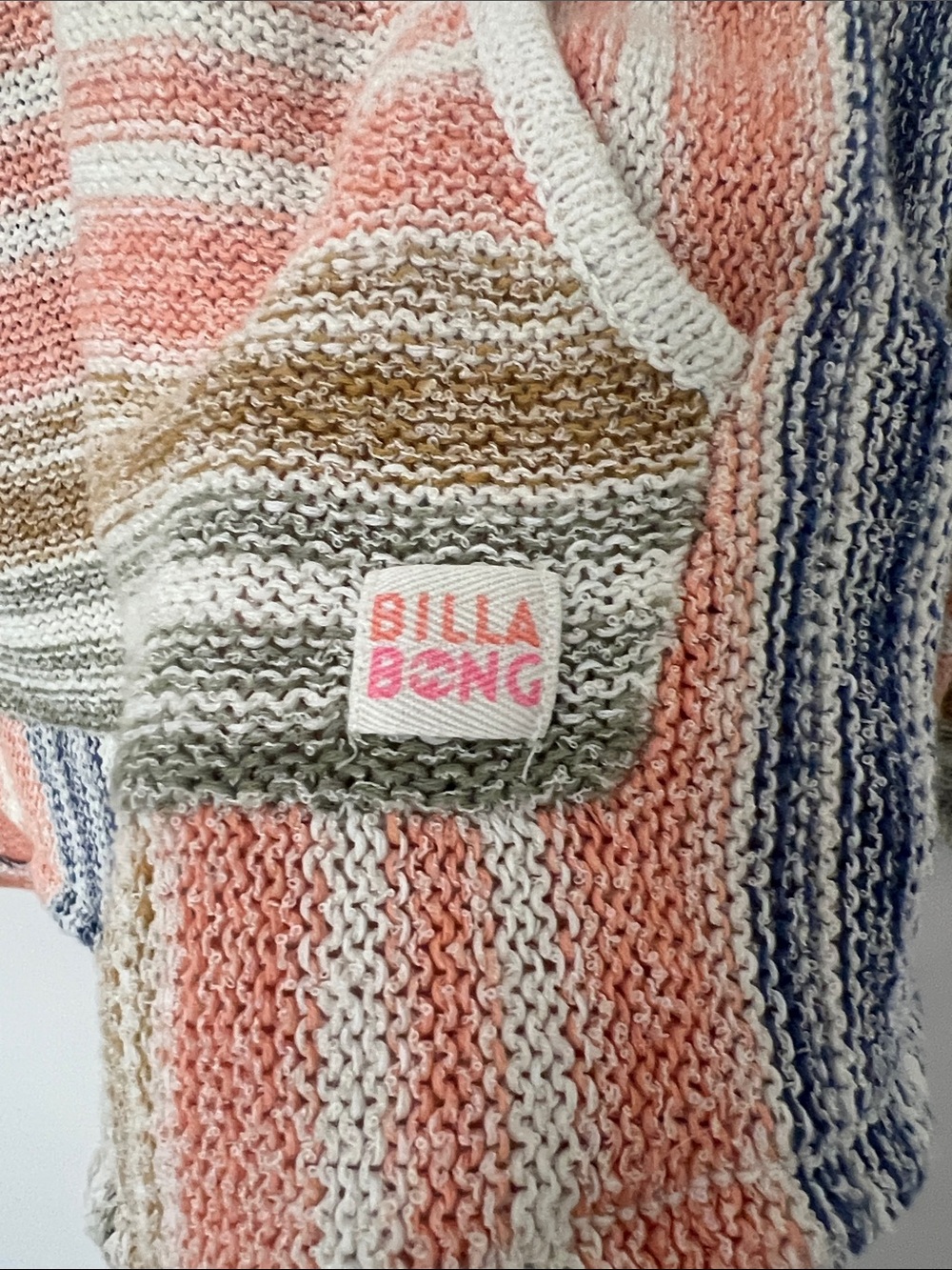 Billabong Coral, Blue & Tan Striped V-Neck Knit Hoodie - Picture 2 of 6